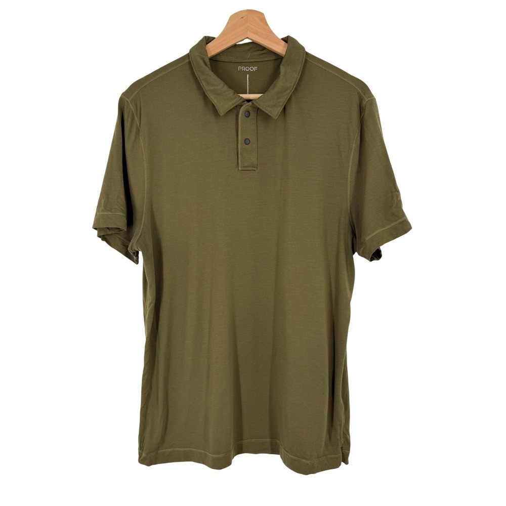 Proof 72-Hour Merino Polo Shirt Mens Large Olive Green Short Sleeve Snap Placket
